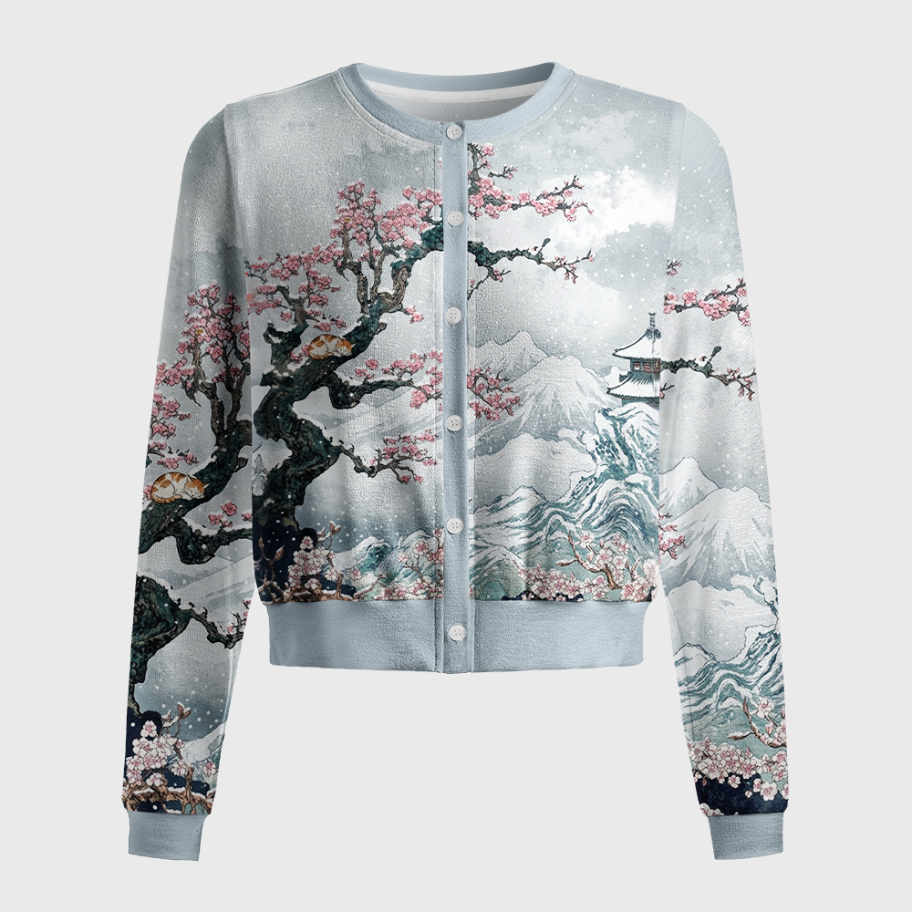 Tokyo-Tiger Sleeping Cat Snow Cherry Women's Fuzzy Cropped Sweatshirt