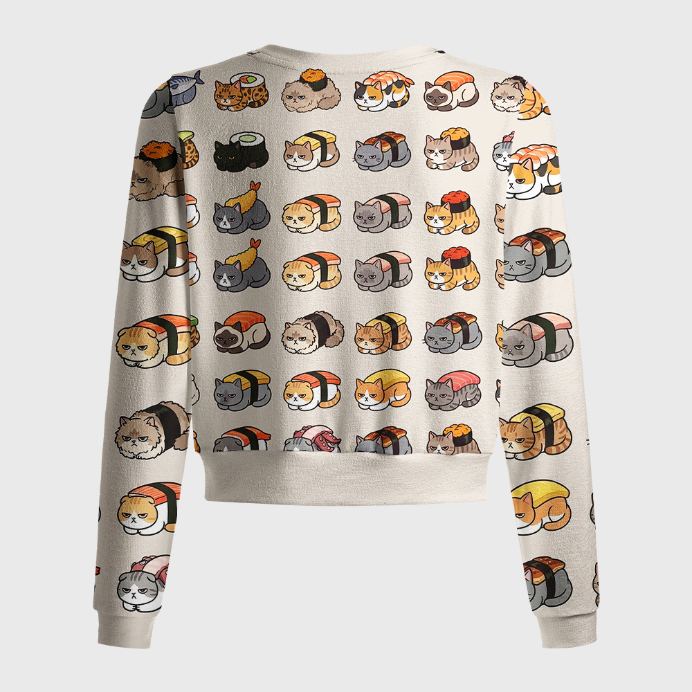 Tokyo-Tiger Cat Sushi Pattern Women's Fuzzy Cropped Sweatshirt