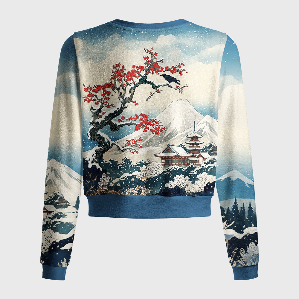 Tokyo-Tiger Crow Snow Ancient Temple Women's Fuzzy Cropped Sweatshirt