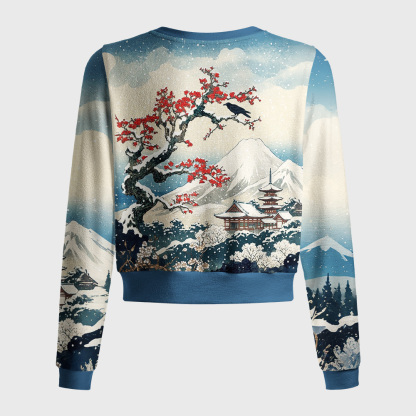 Tokyo-Tiger Crow Snow Ancient Temple Women's Fuzzy Cropped Sweatshirt
