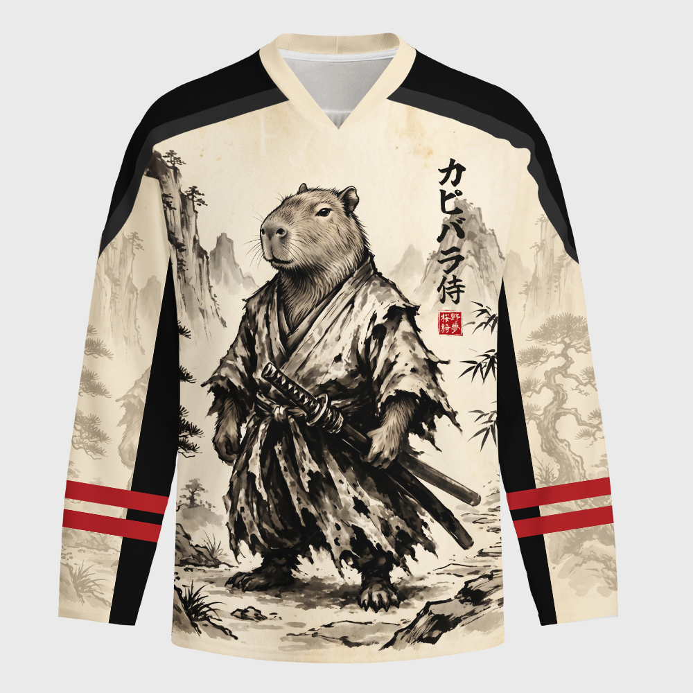 Tokyo-Tiger Japanese Ink Art Capybara Samurai Long-Sleeve Hockey Jersey