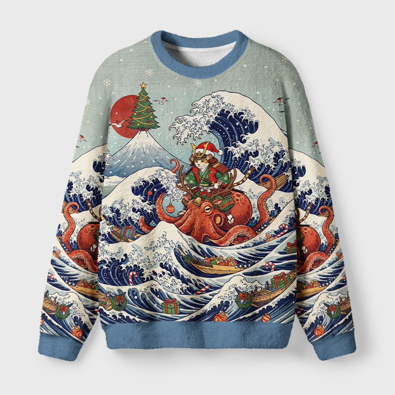 Tokyo-Tiger Japanese Ukiyo-E Samurai Cat Riding Octopus Fuzzy Christmas Ugly Sweatshirt
