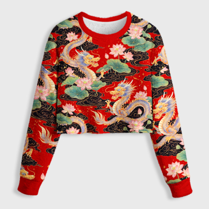 Tokyo-Tiger Traditional Asian Dragon Lotus Blossom Women's Fuzzy Cropped Sweatshirt