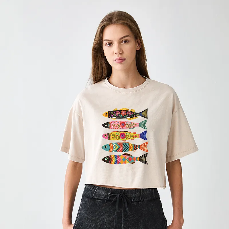 Tokyo-Tiger Colorful Patterned Fish Women's Washed Crop T-Shirt