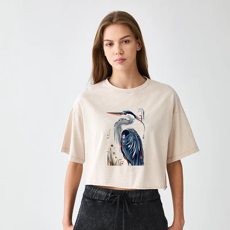 Tokyo-Tiger Stylish Blue Heron Women's Washed Crop T-Shirt