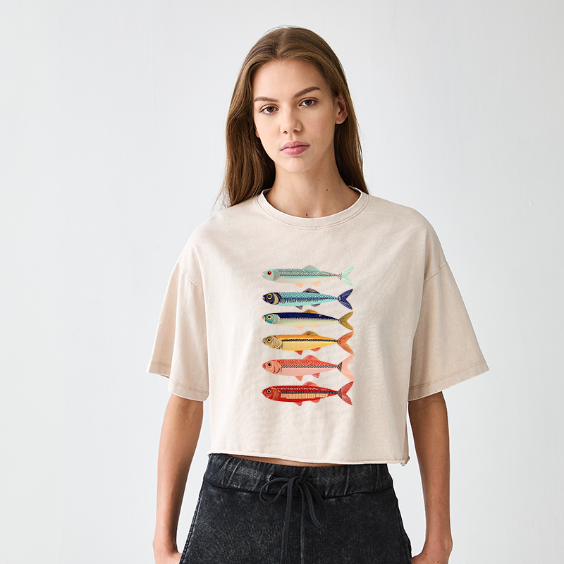 Tokyo-Tiger Colorful Fish Stack Women's Washed Crop T-Shirt