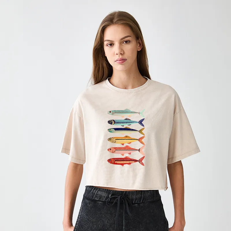 Tokyo-Tiger Colorful Fish Stack Women's Washed Crop T-Shirt