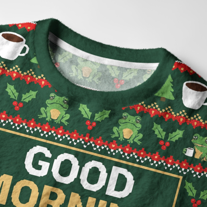 Tokyo-Tiger Good Morning Grumpy Frog Coffee Fuzzy Christmas Ugly Sweatshirt