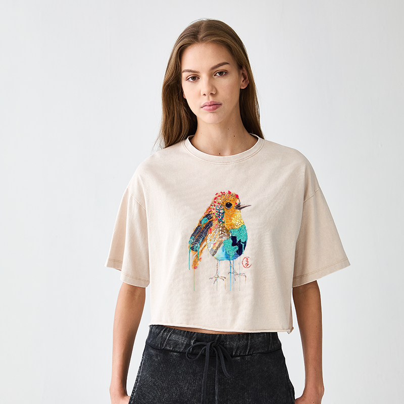 Tokyo-Tiger Sparkly Wild Bird Women's Washed Crop T-Shirt