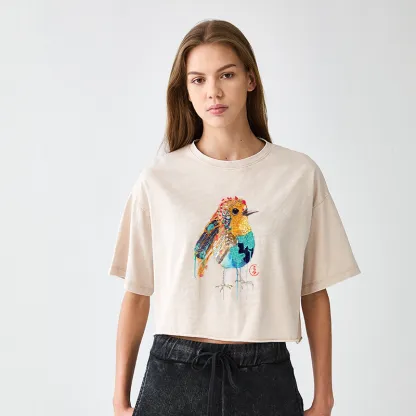Tokyo-Tiger Sparkly Wild Bird Women's Washed Crop T-Shirt