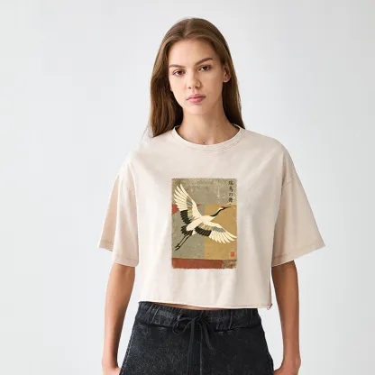 Tokyo-Tiger Crane Spirit Women's Washed Crop T-Shirt