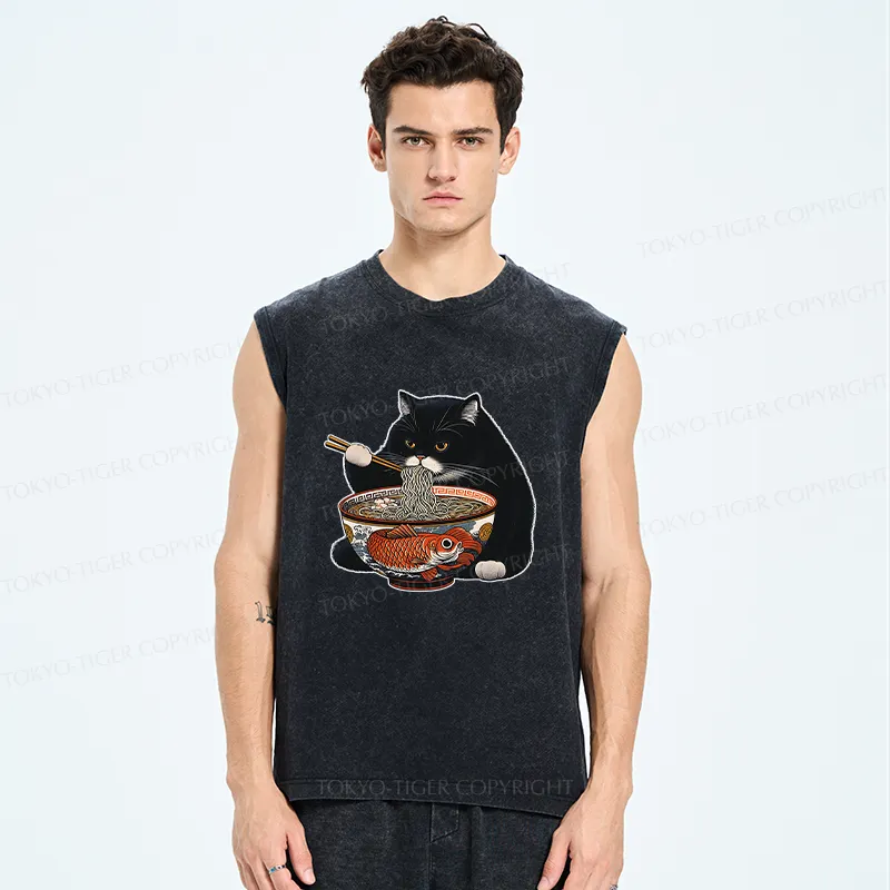 Tokyo-Tiger Fat Cat Eating Ramen Washed Tank