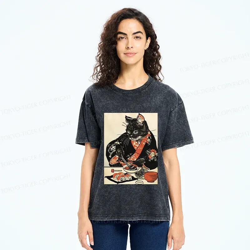Tokyo-Tiger Cat Cut Sushi Washed T-Shirt