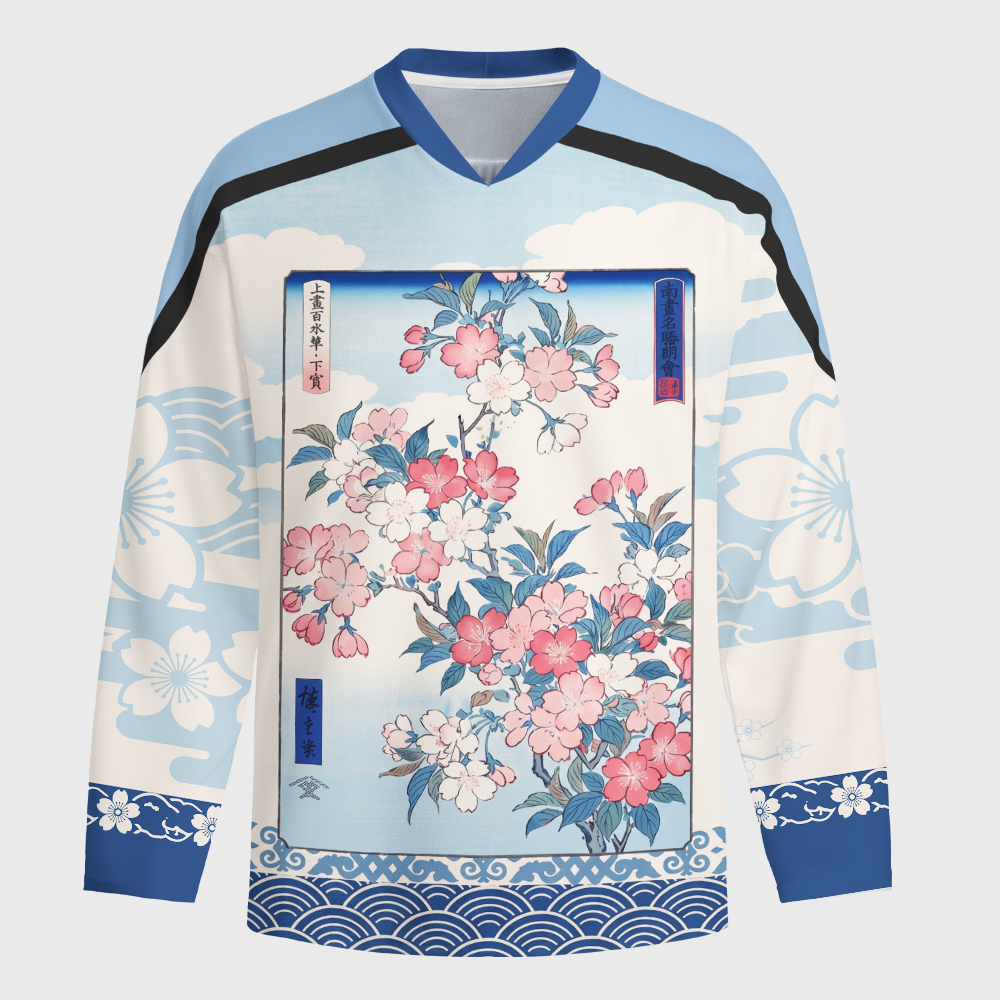 Tokyo-Tiger Japanese Sakura Floral Long-Sleeve Hockey Jersey