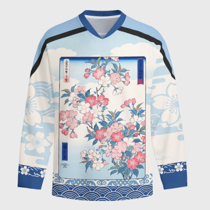Tokyo-Tiger Japanese Sakura Floral Long-Sleeve Hockey Jersey