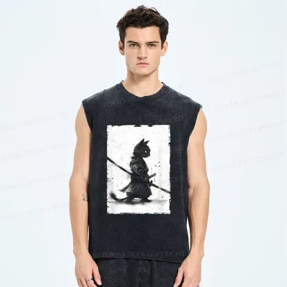 Tokyo-Tiger Retro Cat Samurai Japanese Washed Tank