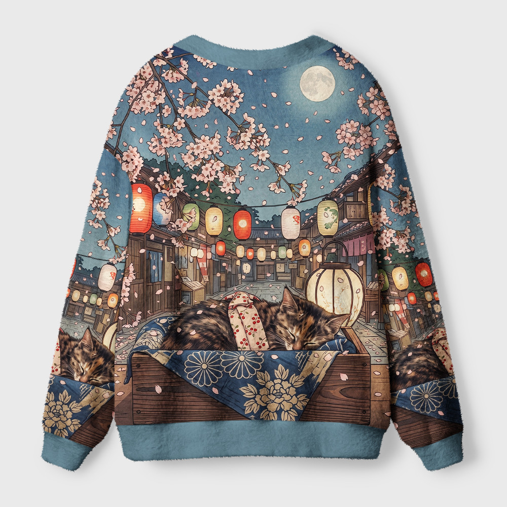 Tokyo-Tiger Napping Cat Under the Sakura Ugly Cardigan Sweater