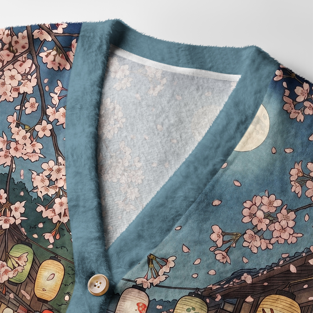 Tokyo-Tiger Napping Cat Under the Sakura Ugly Cardigan Sweater
