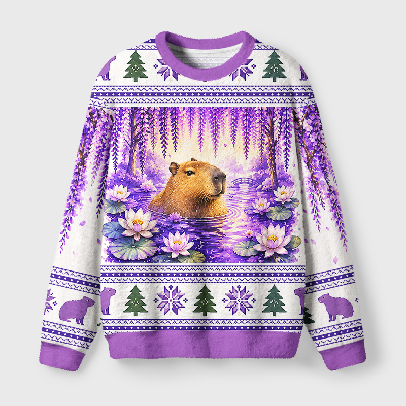 Tokyo-Tiger Purple Wisteria Capybara Fuzzy Christmas Ugly Sweatshirt