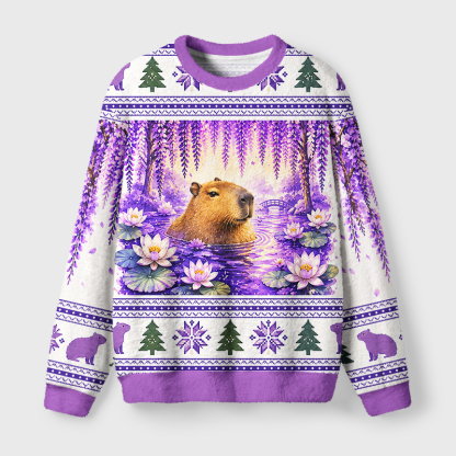 Tokyo-Tiger Purple Wisteria Capybara Fuzzy Christmas Ugly Sweatshirt