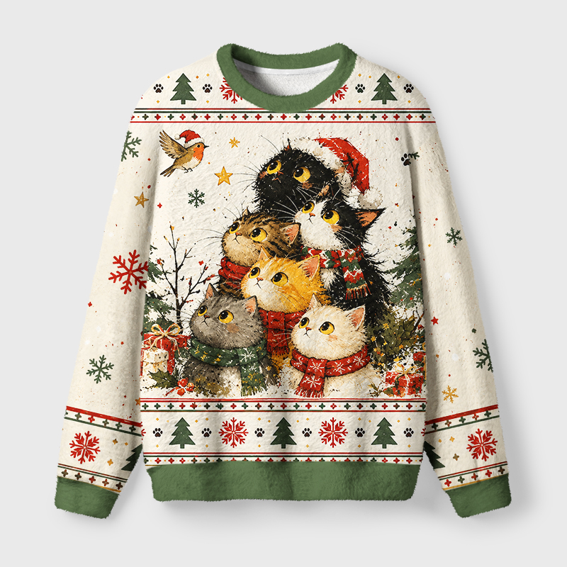 Tokyo-Tiger Winter Cat Friends Fuzzy Christmas Ugly Sweatshirt