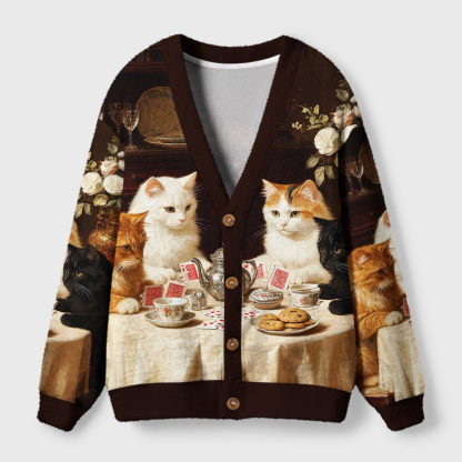 Tokyo-Tiger Cat Poker Tea Party Ugly Cardigan Sweater