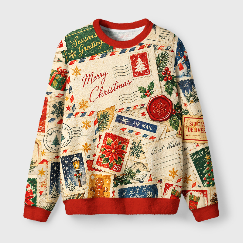 Tokyo-Tiger Retro Mail Greetings Fuzzy Christmas Ugly Sweatshirt Sale