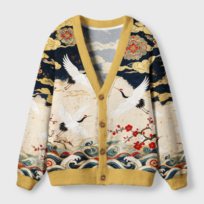 Tokyo-Tiger Red-Crowned Crane Golden Cloud Plum Blossom Ugly Cardigan Sweater