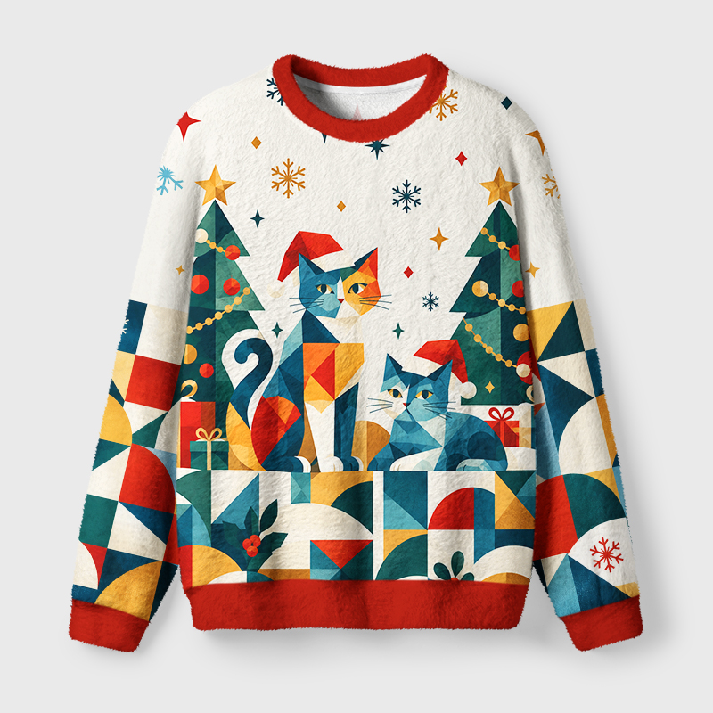 Tokyo-Tiger Geometric Christmas Cute Cats Fuzzy Christmas Ugly Sweatshirt