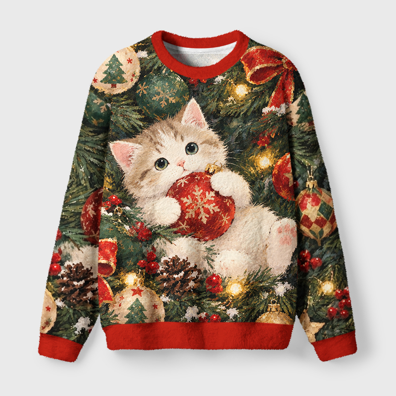 Tokyo-Tiger Bauble Hugging Cat Fuzzy Christmas Ugly Sweatshirt Sale