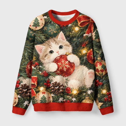 Tokyo-Tiger Bauble Hugging Cat Fuzzy Christmas Ugly Sweatshirt