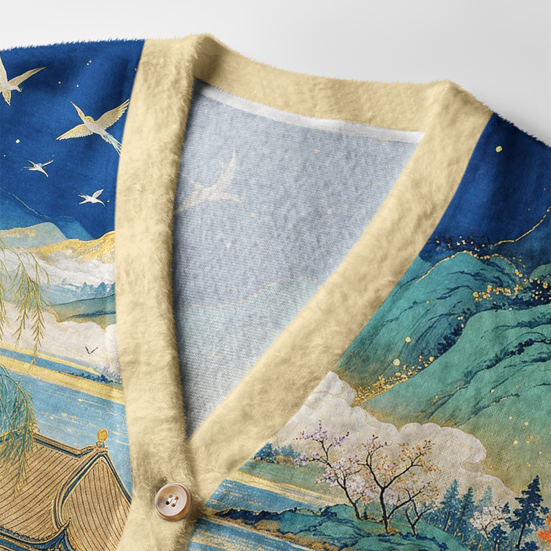 Tokyo-Tiger Vintage Oriental Blue Green Mountain Lake Scenery Ugly Cardigan Sweater