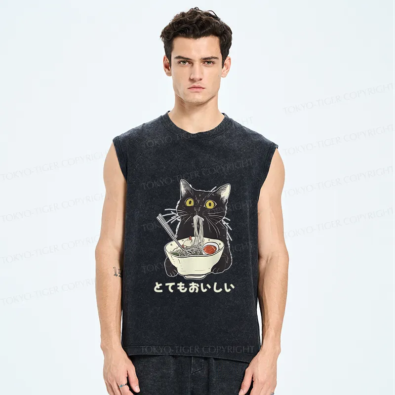 Tokyo-Tiger Cats Eat Ramen Noodles Washed Tank