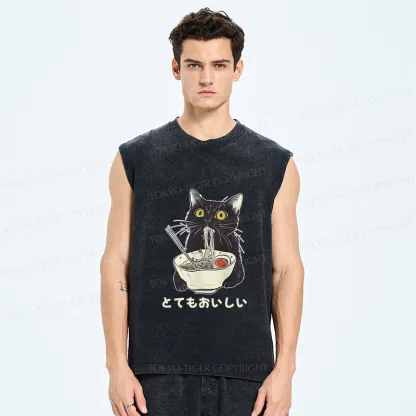 Tokyo-Tiger Cats Eat Ramen Noodles Washed Tank