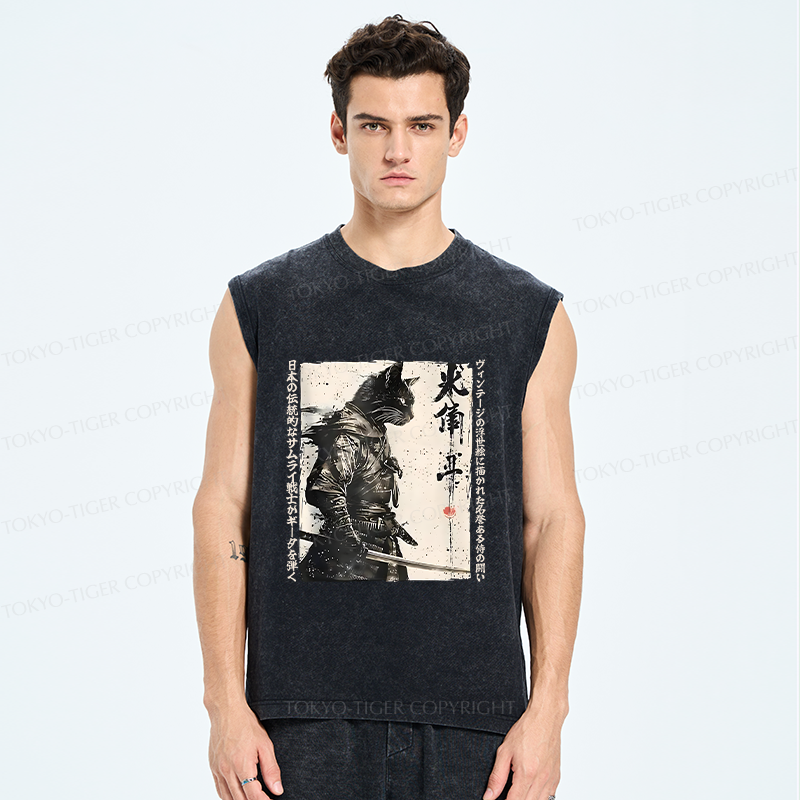 Tokyo-Tiger Cat Samurai Retro Washed Tank