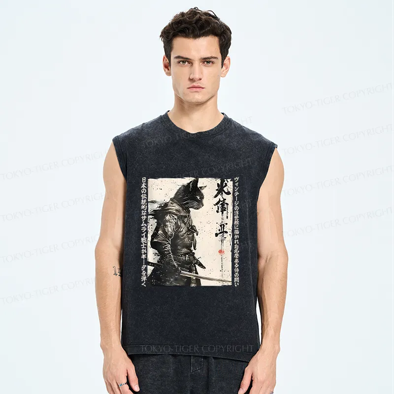 Tokyo-Tiger Cat Samurai Retro Washed Tank