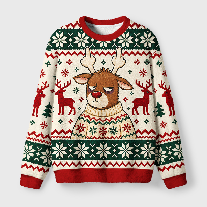 Tokyo-Tiger Cute Reindeer Holiday Vibes Fuzzy Christmas Ugly Sweatshirt