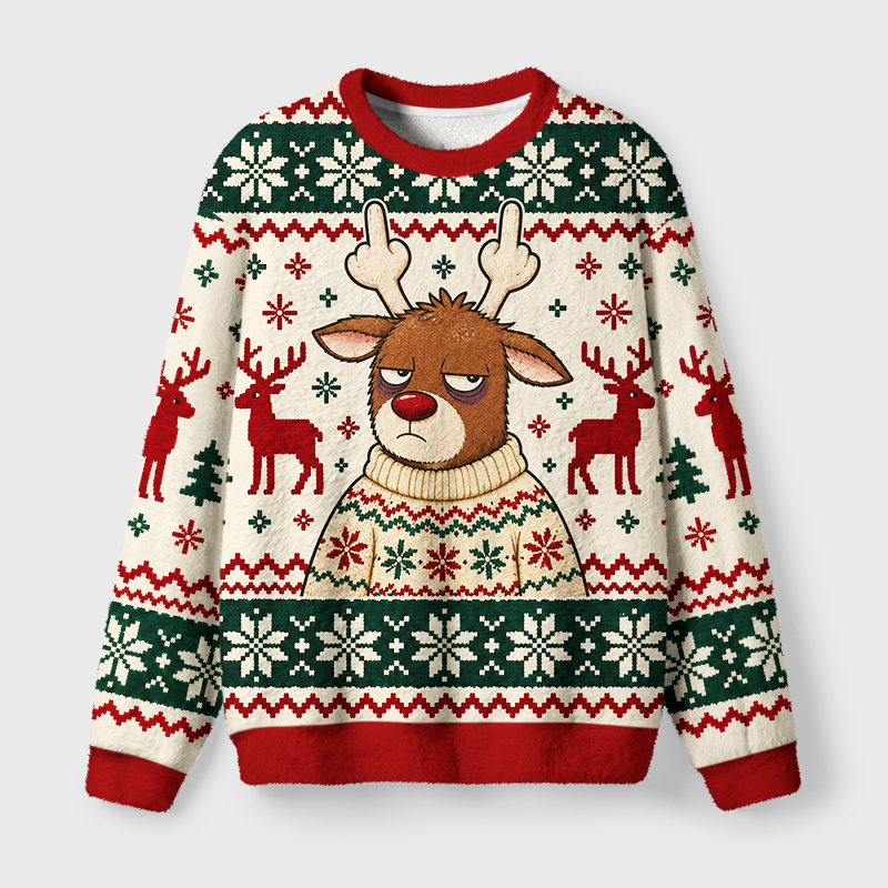 Tokyo-Tiger Cute Reindeer Holiday Vibes Fuzzy Christmas Ugly Sweatshirt Sale