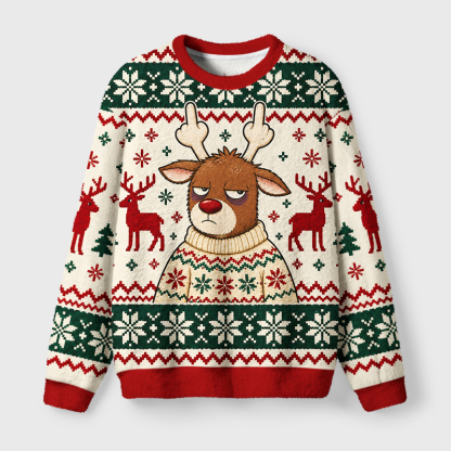Tokyo-Tiger Cute Reindeer Holiday Vibes Fuzzy Christmas Ugly Sweatshirt