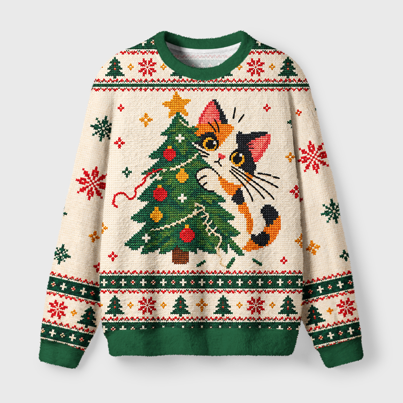 Tokyo-Tiger Cat Christmas Tree Fuzzy Christmas Ugly Sweatshirt