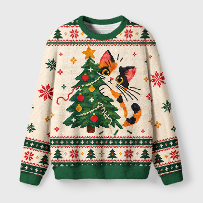Tokyo-Tiger Cat Christmas Tree Fuzzy Christmas Ugly Sweatshirt