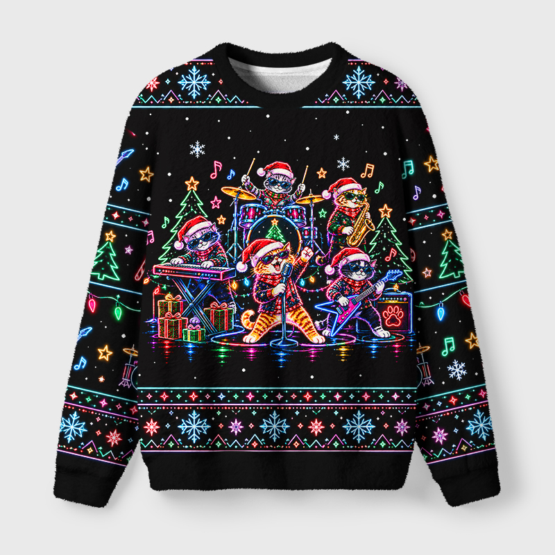 Tokyo-Tiger Neon Cat Concert Fuzzy Christmas Ugly Sweatshirt Sale