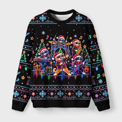 Tokyo-Tiger Neon Cat Concert Fuzzy Christmas Ugly Sweatshirt