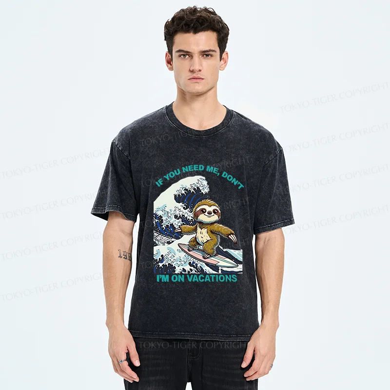 Tokyo-Tiger Surfing Sloth Funny Washed T-Shirt
