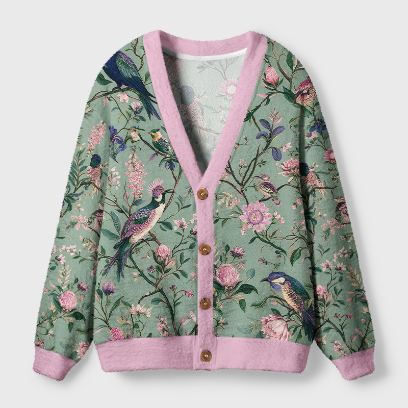 Tokyo-Tiger Antique Garden Birds Floral Ugly Cardigan Sweater