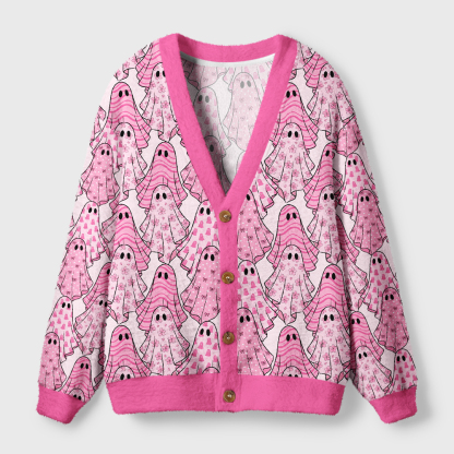 Tokyo-Tiger Pink Ghosts Ugly Cardigan Sweater