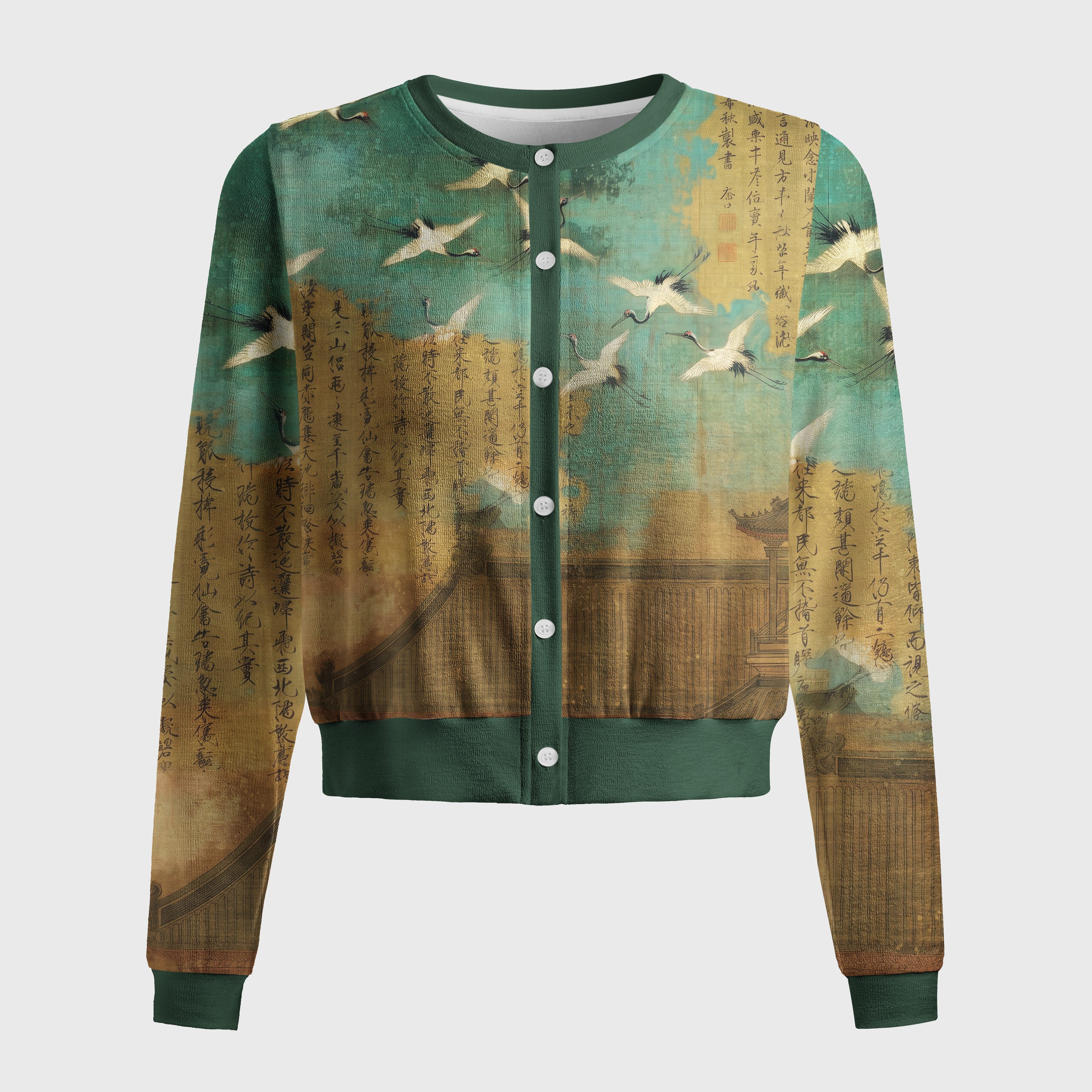 Tokyo-Tiger Vintage Chinese Scroll Crane Art Women's Lightweight Cardigan