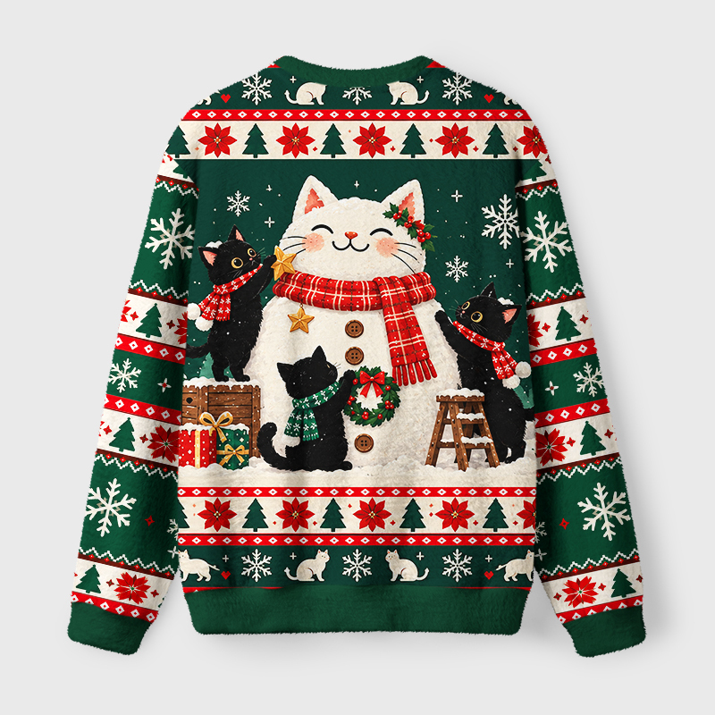 Tokyo-Tiger Cats Build Snowcat Funny Meme Fuzzy Christmas Ugly Sweatshirt