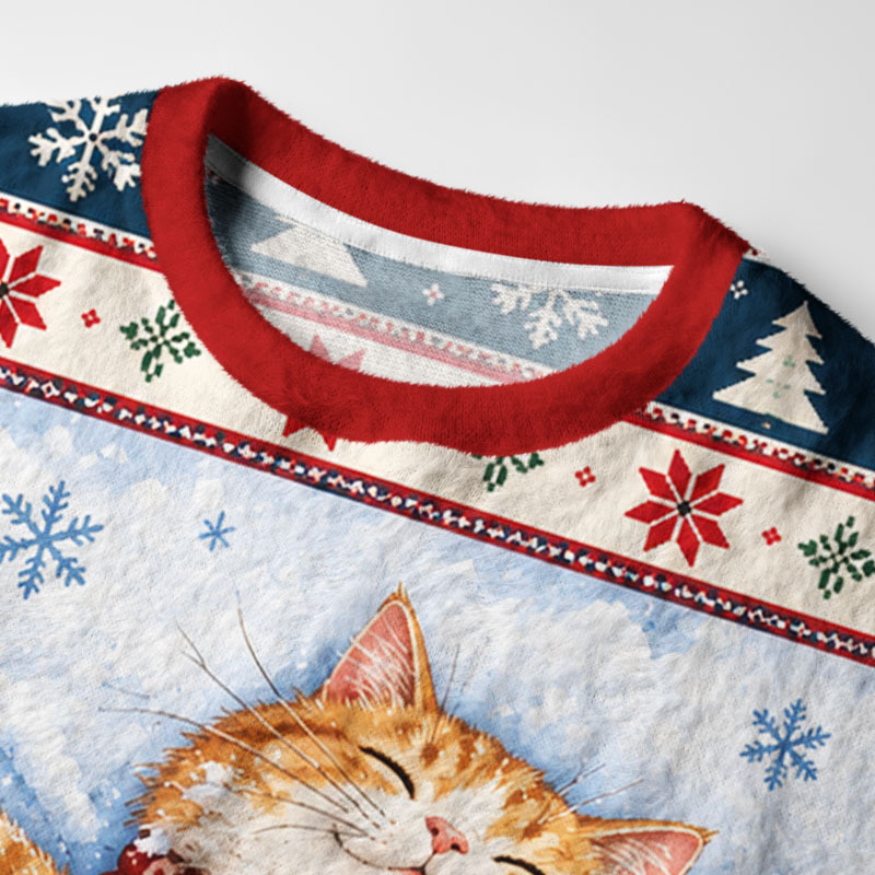 Tokyo-Tiger Cute Cat Lying On Snow Fuzzy Christmas Ugly Sweatshirt