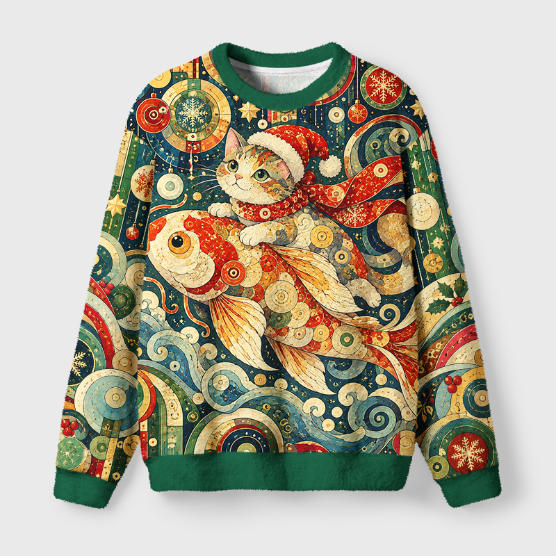 Tokyo-Tiger Funny Cat Riding Koi Fuzzy Christmas Ugly Sweatshirt